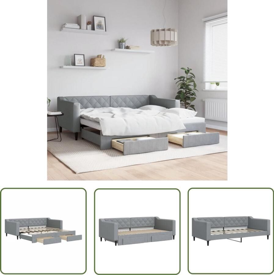The Living Store Slaapbank met onderschuifbed en lades 90x190 cm stof lichtgrijs Slaapbank Onderschuifbed Tweepersoonsbed Slaapbanken Boxspring