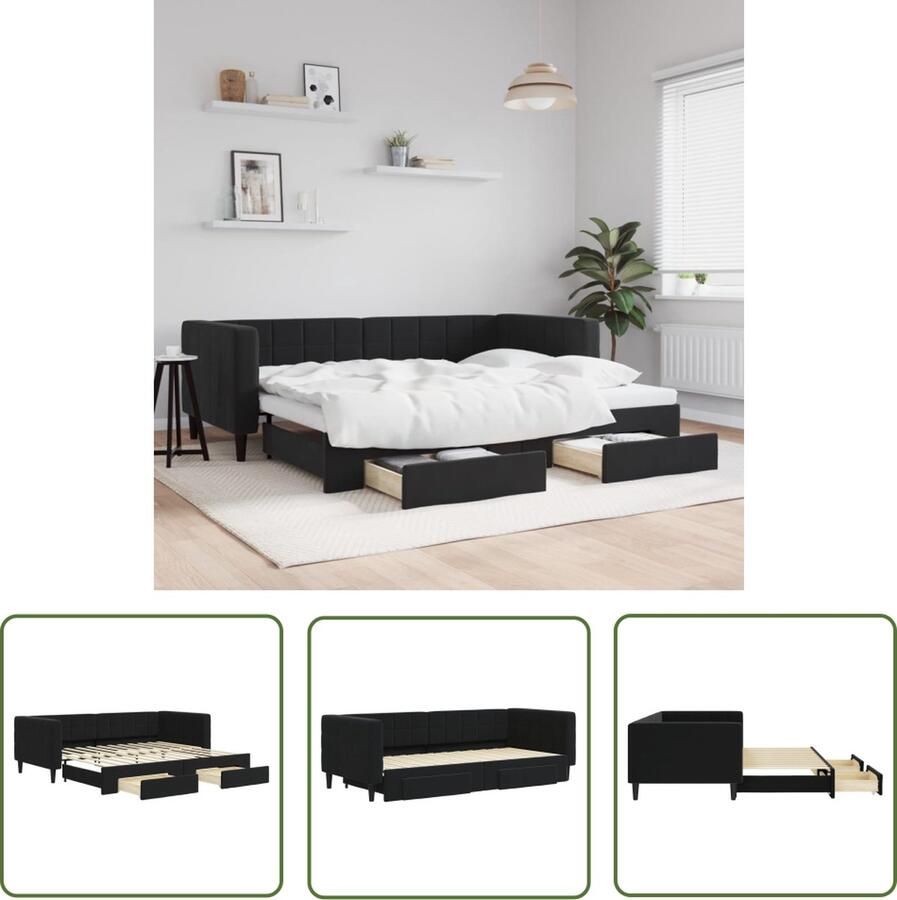 The Living Store Slaapbank met onderschuifbed en lades 90x200 cm fluweel zwart Slaapbank Onderschuifbed Boxspring Lounge Sofa Zitzitting