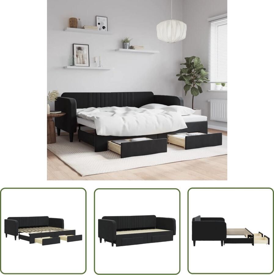 The Living Store Slaapbank met onderschuifbed en lades 90x200 cm fluweel zwart Slaapbank Onderschuifbed Tweepersoonsbed Lounge Sofa Zitmeubel