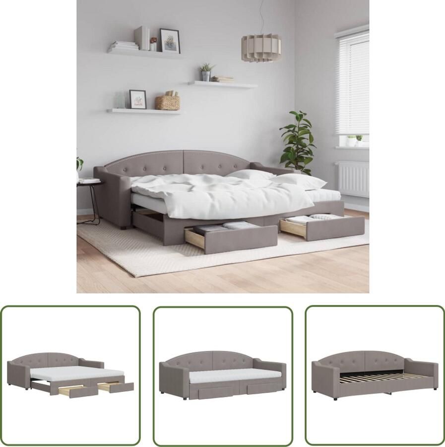 VidaXL Slaapbank met onderschuifbed en lades 90x200 cm stof taupe Slaapbank Onderschuifbed Tweepersoonsbed Slaapbanken Lounge Sofa