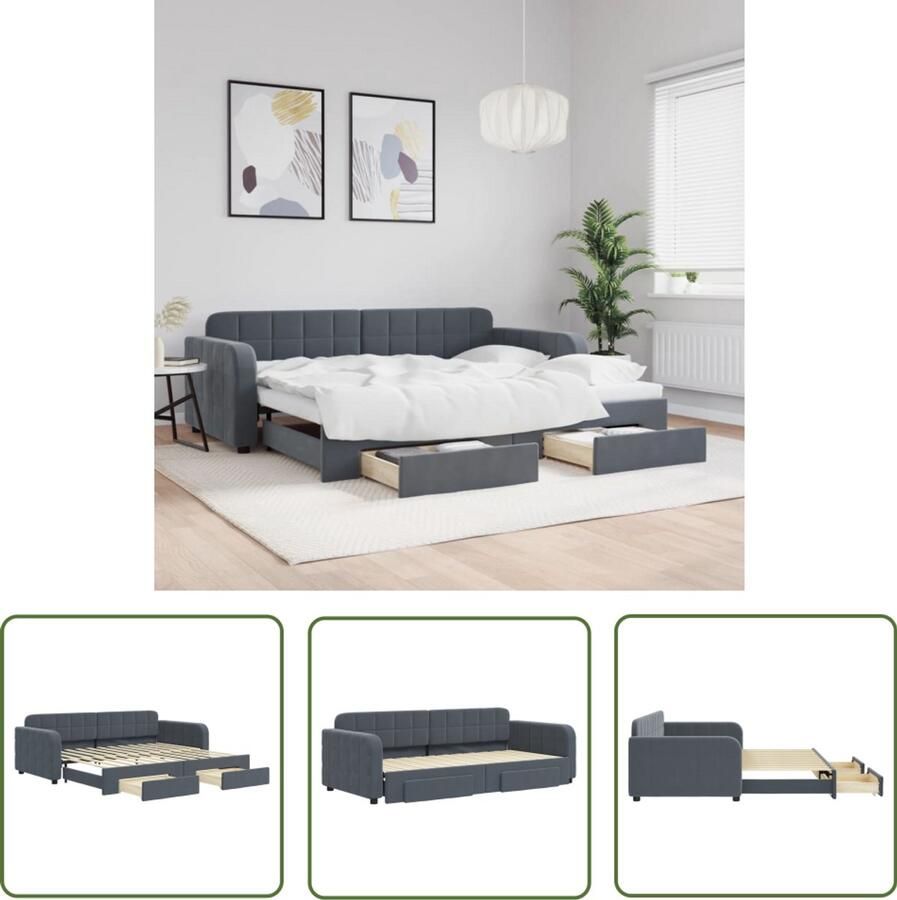 VidaXL Slaapbank onderschuifbed en lades 90x200 cm fluweel donkergrijs Slaapbank Onderschuifbed Fluweel Donkere Kleuren Lounge Sofa