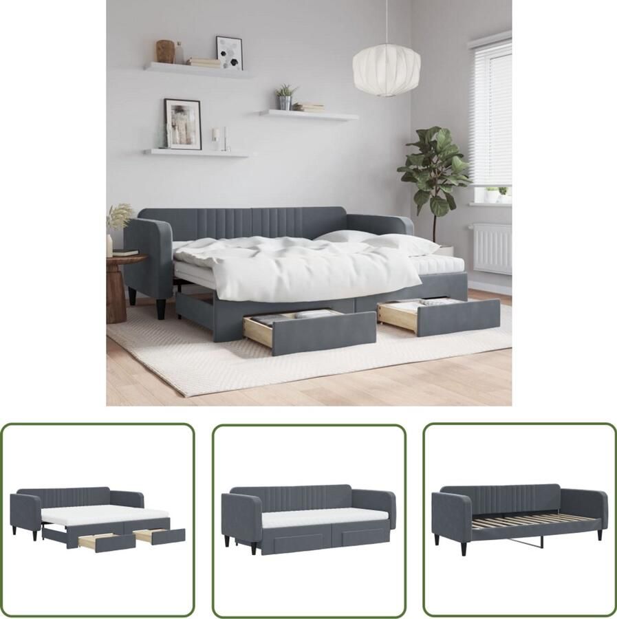 VidaXL Slaapbank onderschuifbed en lades 90x200 cm fluweel donkergrijs Slaapbank Onderschuifbed Tweepersoonsbed Donker Grijs Fluweel
