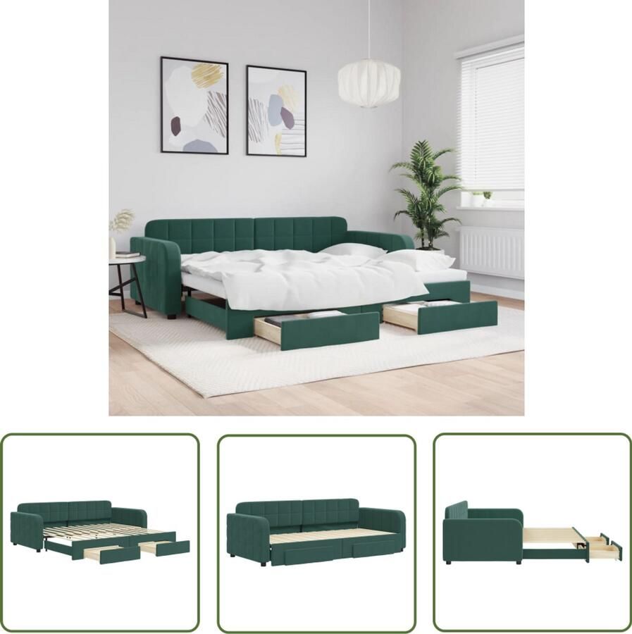 The Living Store Slaapbank onderschuifbed en lades 90x200 cm fluweel donkergroen Slaapbank Onderschuifbed Tweepersoonsbed Donkere Meubels Fluweel Sofa