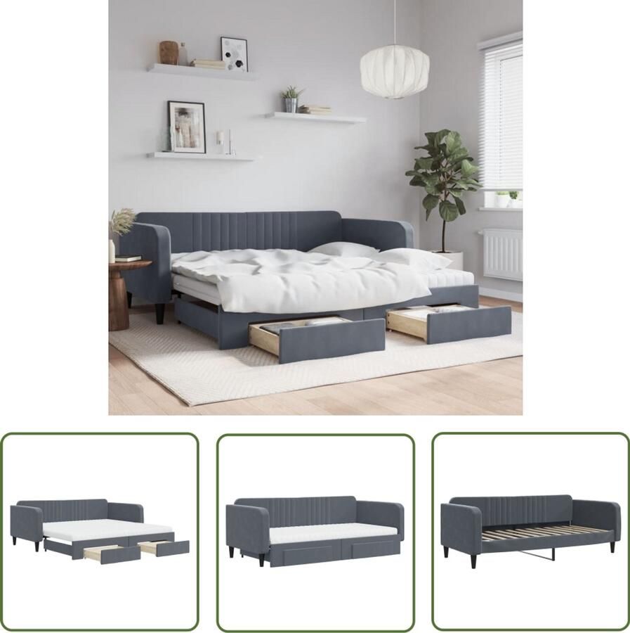 VidaXL Slaapbank onderschuifbed lades 100x200 cm fluweel donkergrijs Slaapbank Onderschuifbed Tweepersoonsbed Donker Grijs Fluweel