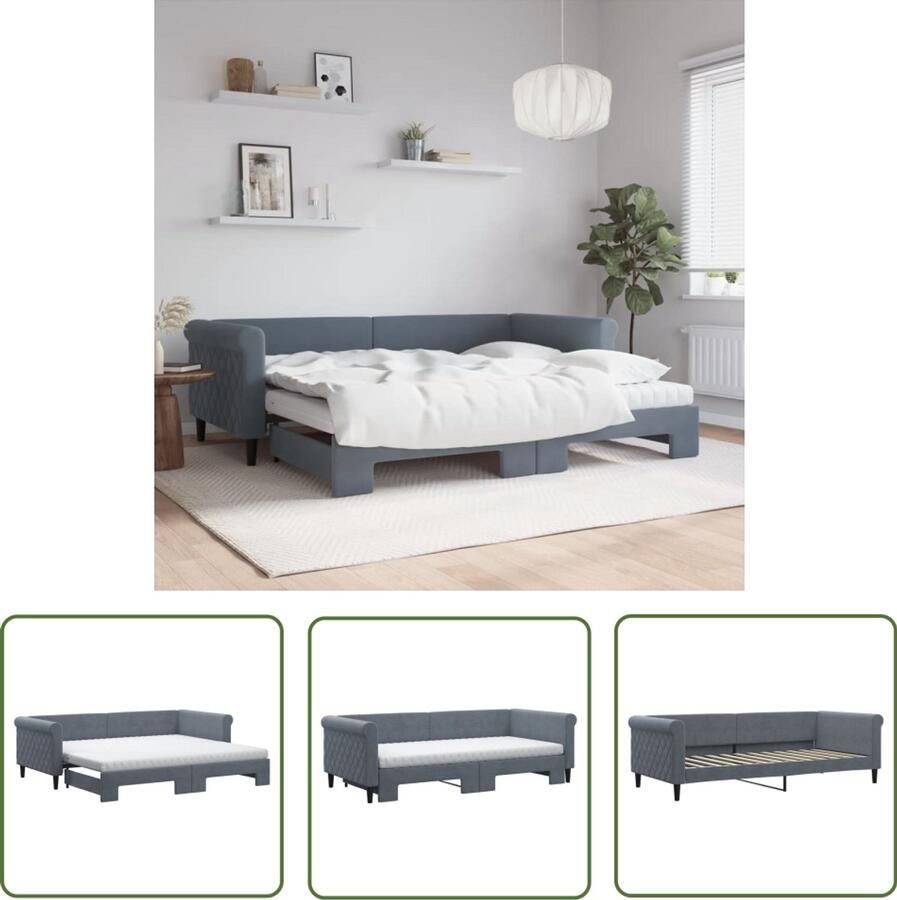 VidaXL Slaapbank onderschuifbed matrassen 90x200cm fluweel donkergrijs Slaapbank Onderschuifbed Tweepersoonsbed Donker Grijs Fluweel