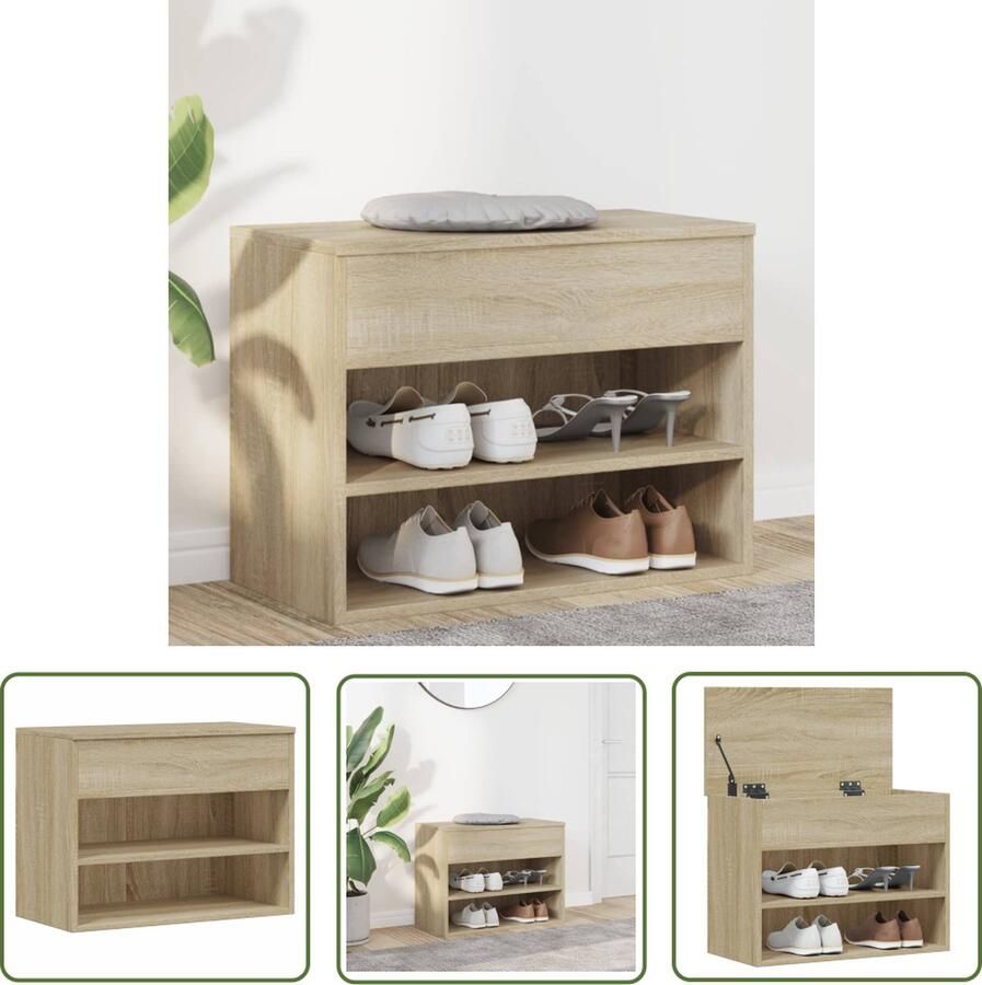 The Living Store Opbergbank Sonoma Eiken 60x30x45 cm Schoenenkast met 2 schappen Schoenenbank Opbergbank Bank Houten Meubilair Bruine Meubelen