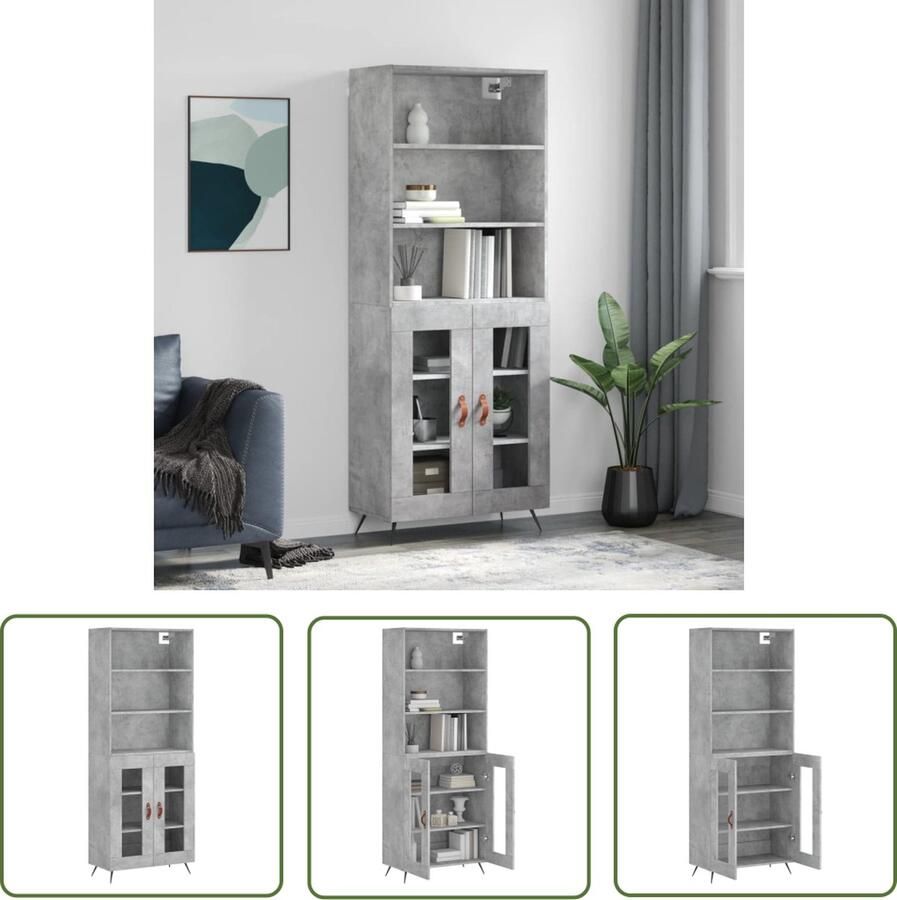 The Living Store Hoge kast 69 5x34x180 cm bewerkt hout betongrijs Hoge Kast Opbergkast Betonnen Grijze Kast Houten Kast Dressoir - Foto 2