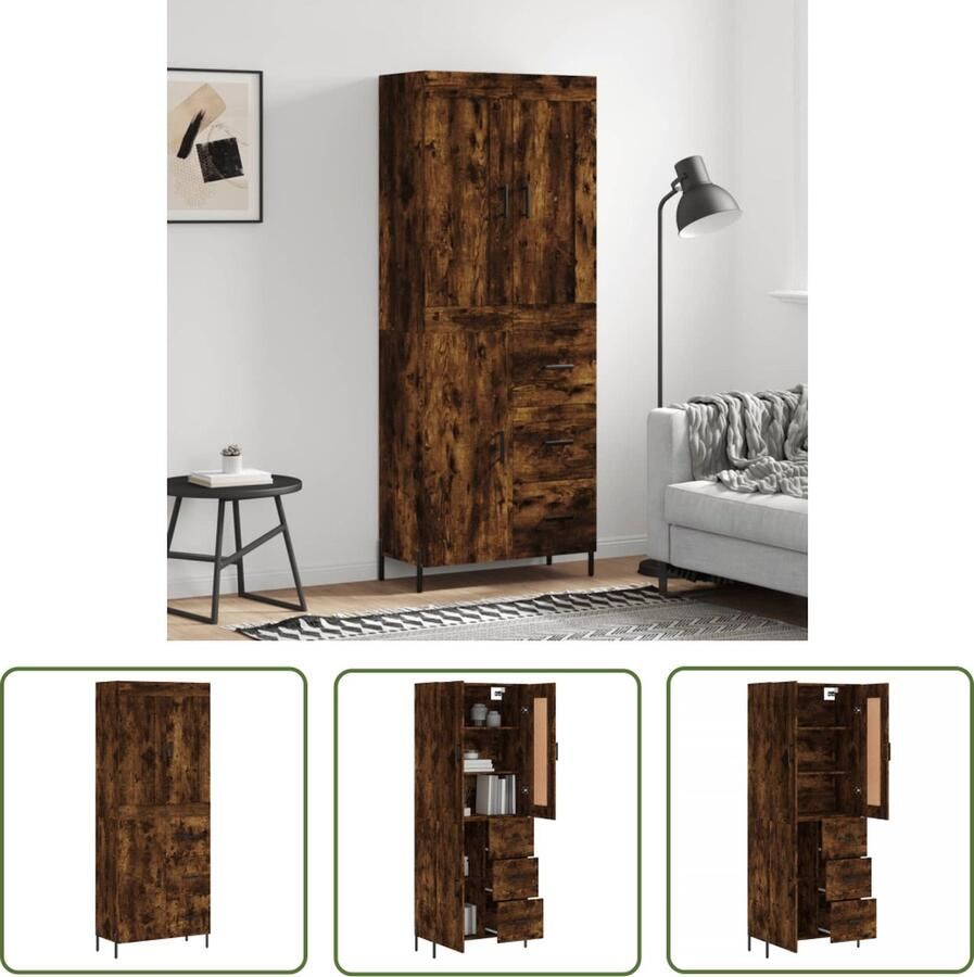 The Living Store Hoge kast 69 5x34x180 cm bewerkt hout gerookt eikenkleurig Hoge Kast Opbergkast Houten Kast Dressoir Buffetkast - Foto 2