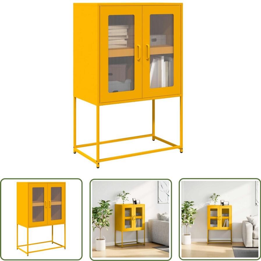 The Living Store Hoge kast 68x39x107 cm staal mosterdgeel Hoge Kast Opbergkast Keukenopstelling Metalen Kast Mustard Yellow