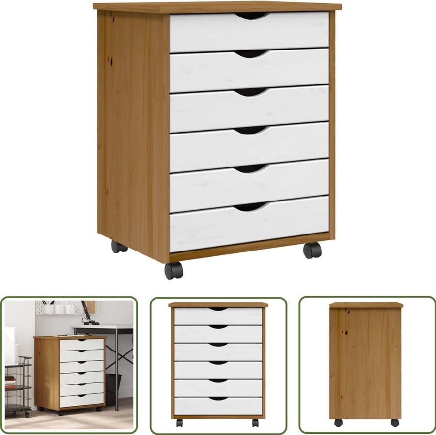 The Living Store Ladekast MOSS verrijdbaar massief grenenhout honingbruin Ladekast Opbergkast Bureaulade Houten Meubels Grenenhouten Meubel