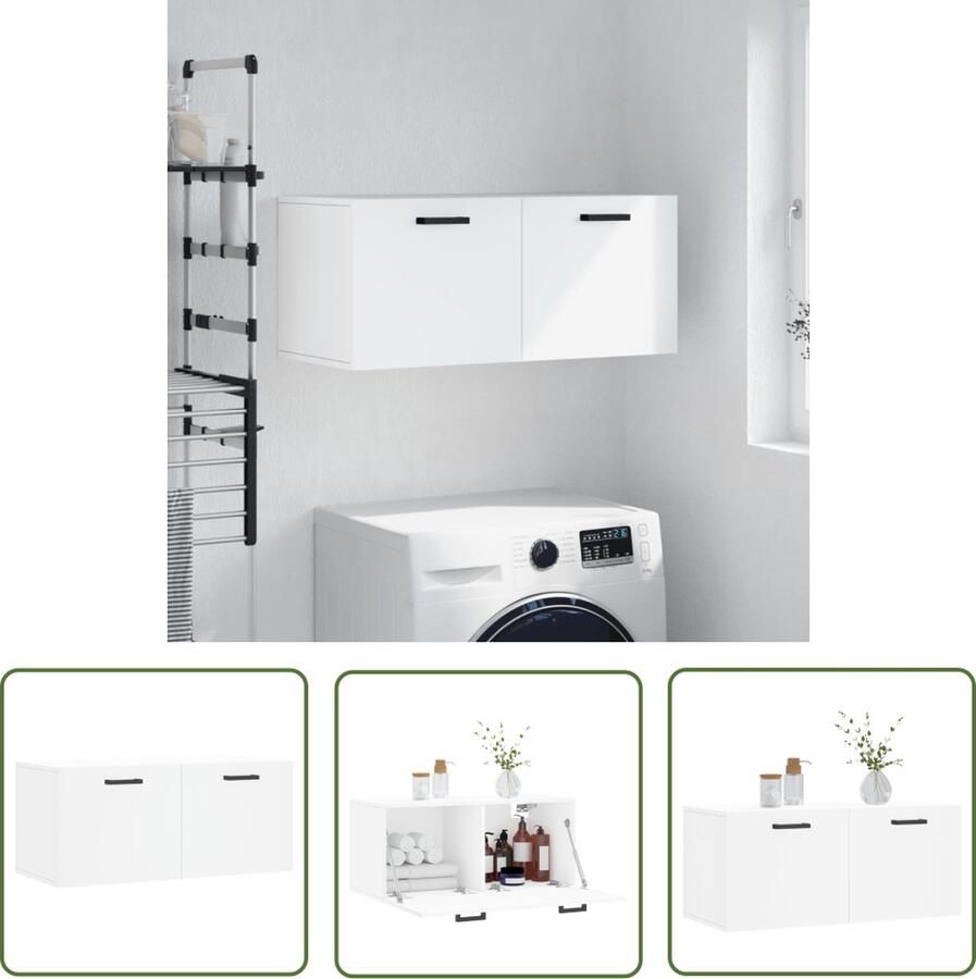 The Living Store Wandkast wandgemonteerde opbergkast Afmetingen- 80x36.5x35 cm Kleur- wit Materiaal- bewerkt hout Wandkast Opbergkast Houten Kast Witte Kast Wandmontage - Foto 2