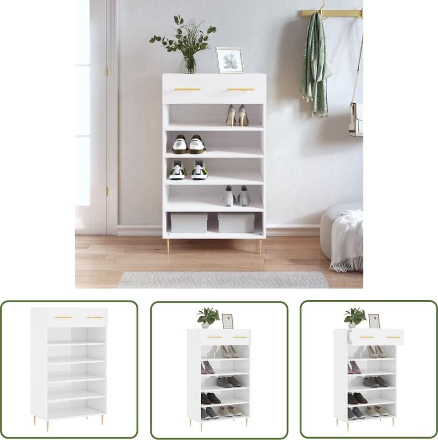 The Living Store Schoenenkast 60x35x105 cm bewerkt hout hoogglans wit Schoenenkast Opbergruimte Witte Schoenenkast Houten Schoenenkast Schoenuitlegers - Foto 2