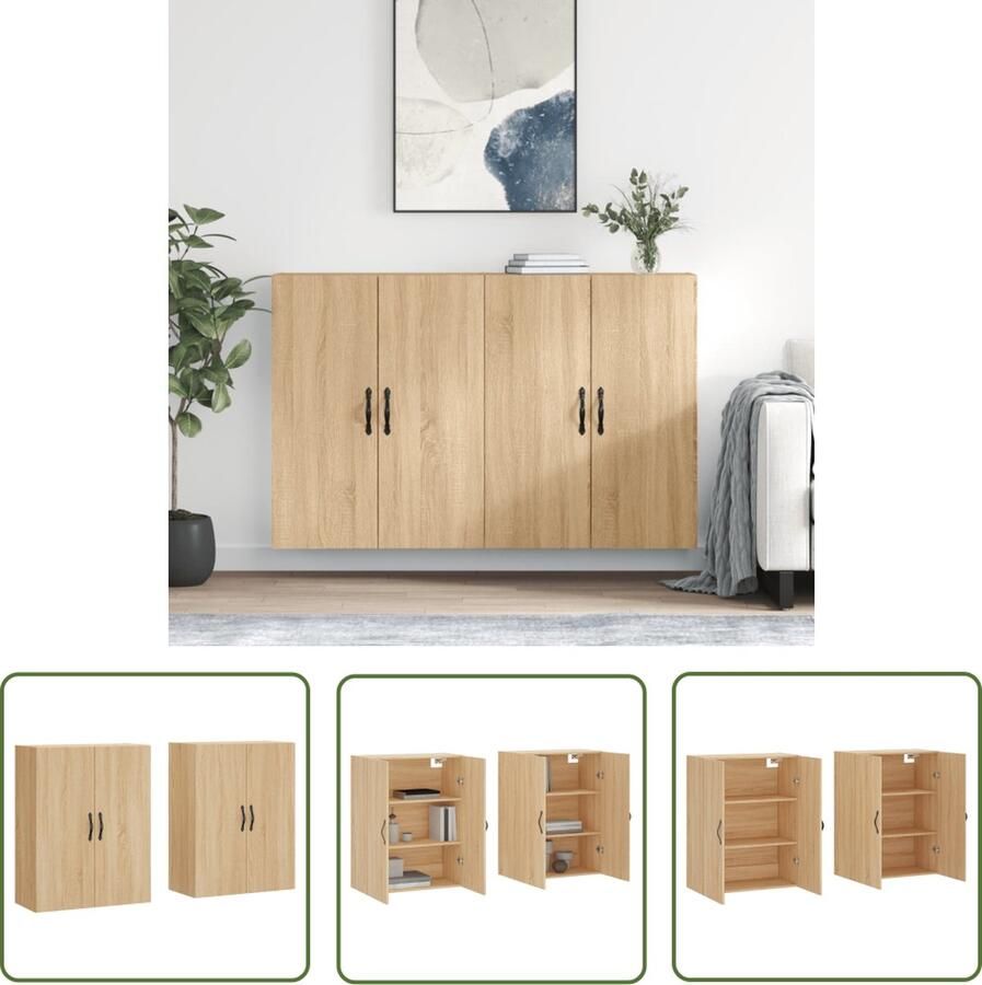 The Living Store Hangkasten 2 st bewerkt hout sonoma eikenkleurig Wandkast Houten Kast Opbergkast Salontafel Woonkamerdecoratie