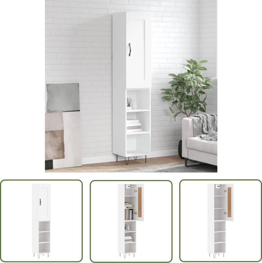 The Living Store Hoge kast 34 5x34x180 cm bewerkt hout wit Hoge Kast Opbergkast Houten Kast Wit Kast Dressoir