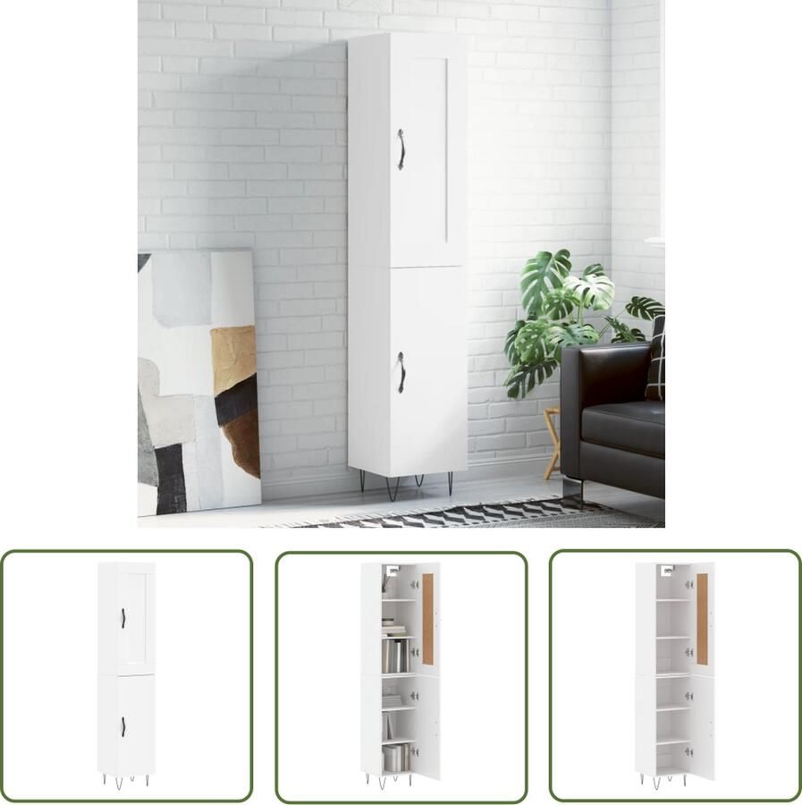 The Living Store Hoge kast 34 5x34x180 cm bewerkt hout wit Hoge Kast Houten Kast Witte Kast Opslagoplossing Woonkamer Decoratie - Foto 2