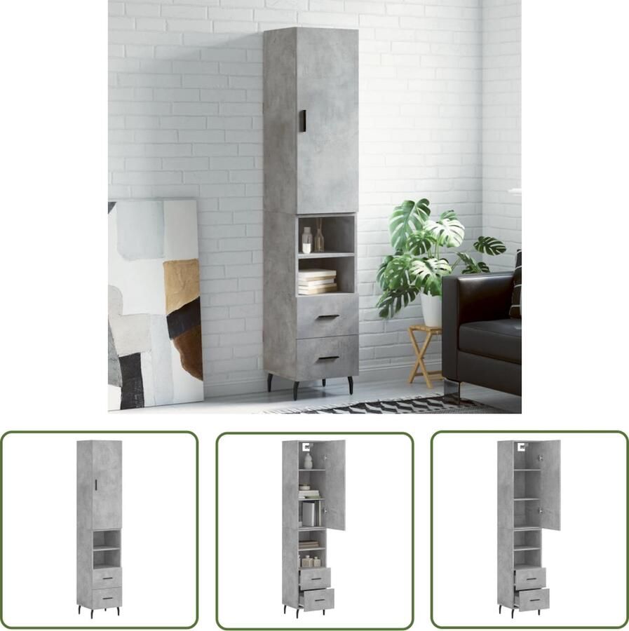 The Living Store Hoge kast 34 5x34x180 cm bewerkt hout betongrijs Hoge Kast Kledingkast Opslagoplossing Betonnen Look Houten Kast