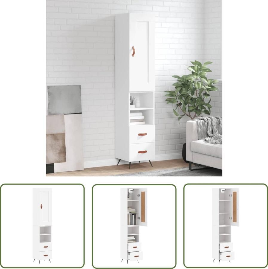 The Living Store Hoge kast 34 5x34x180 cm bewerkt hout wit Hoge Kast Houten Kast Witte Kast Opslagoplossing Woonaccessoires