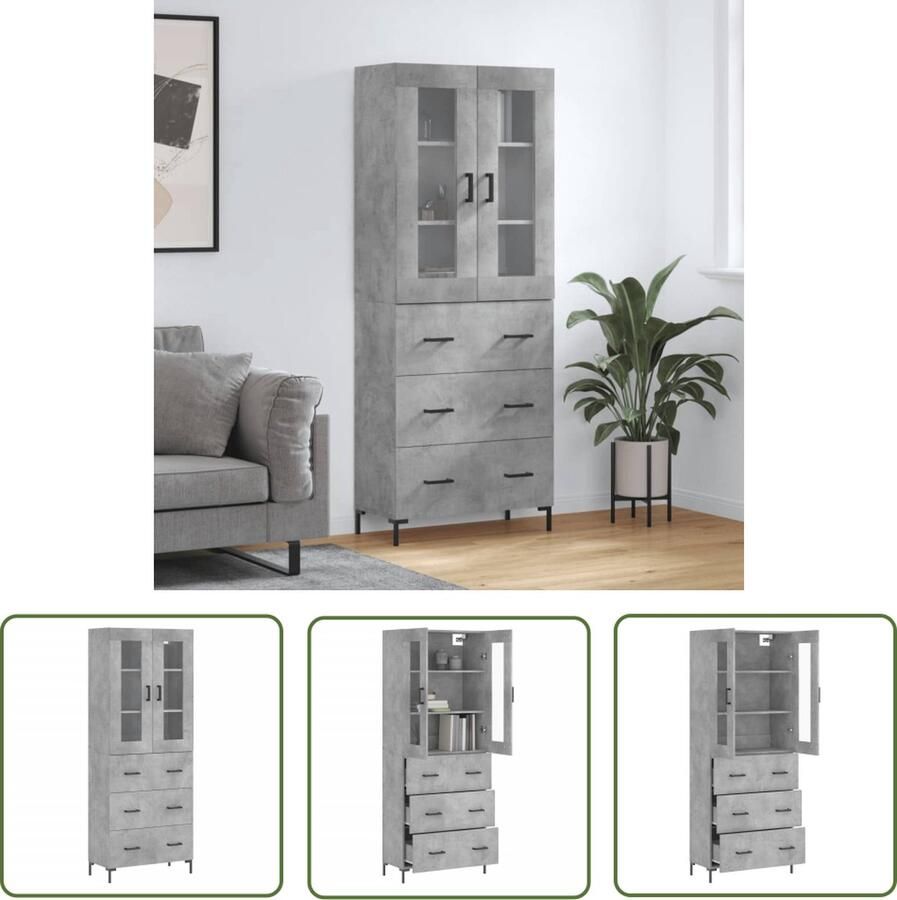 The Living Store Hoge kast 69 5x34x180 cm bewerkt hout betongrijs Hoge Kast Dressoir Buffetkast Houten Kast Grijze Kast