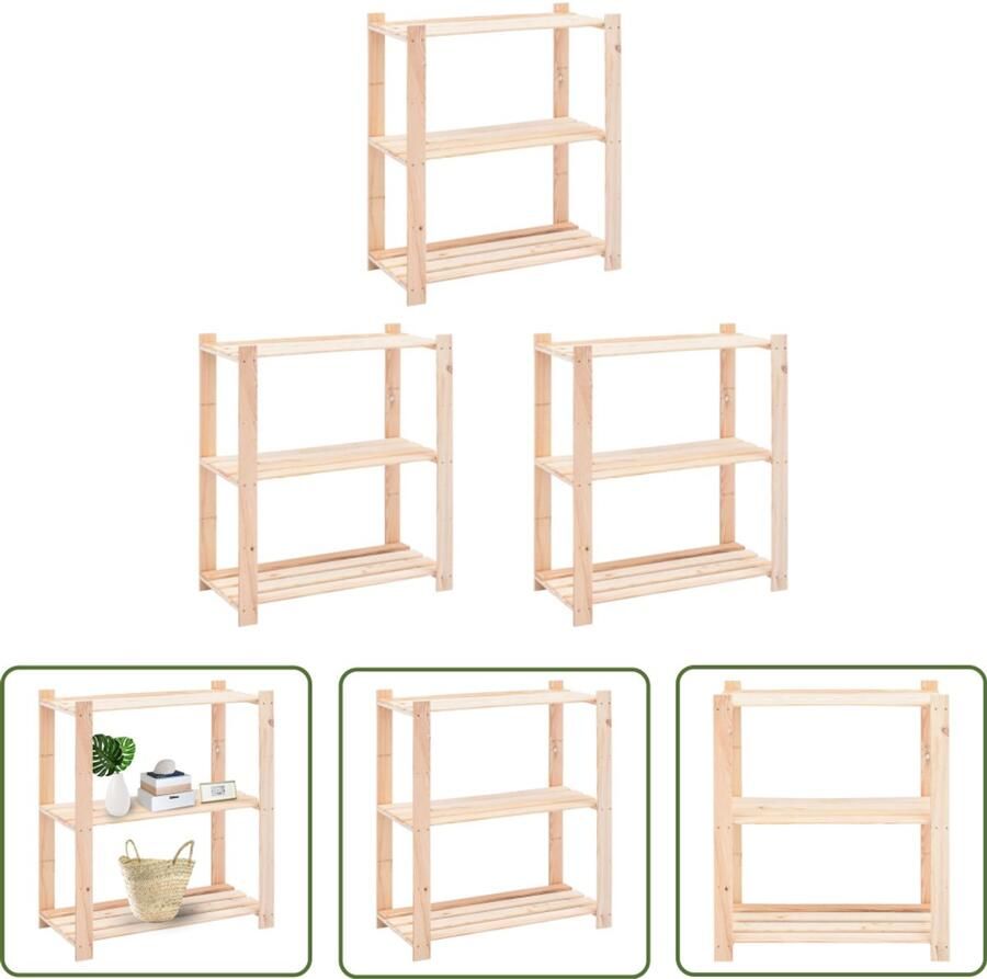 VidaXL Opslagruimte Opbergkast Opbergrekken 3-laags 3 st 80x38x90 cm massief grenenhout 150 kg Grenenhouten Kast Boekenplank Muurhanger