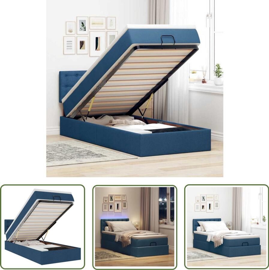 VidaXL Ottoman Bed Bedpoef Bed poef met matras en LED's 100x200 cm stof blauw Slaapbank Led Lamp Boxspring