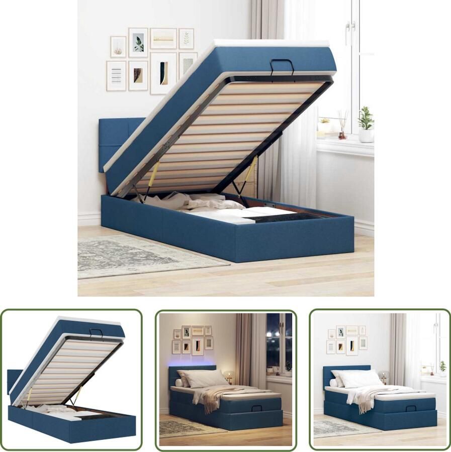 VidaXL Ottoman Bed Bedpoef Bed poef met matras en LED's 100x200 cm stof blauw Slaapbank Led Verlichting Opbergruimte