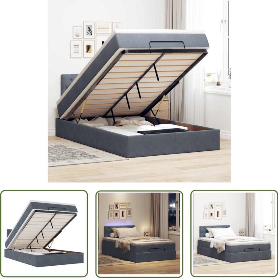 VidaXL Ottoman Bed Bedpoef Bed poef met matras en LED's 120x190 cm fluweel donkergrijs Boxspring Slaapbank Led Lamp