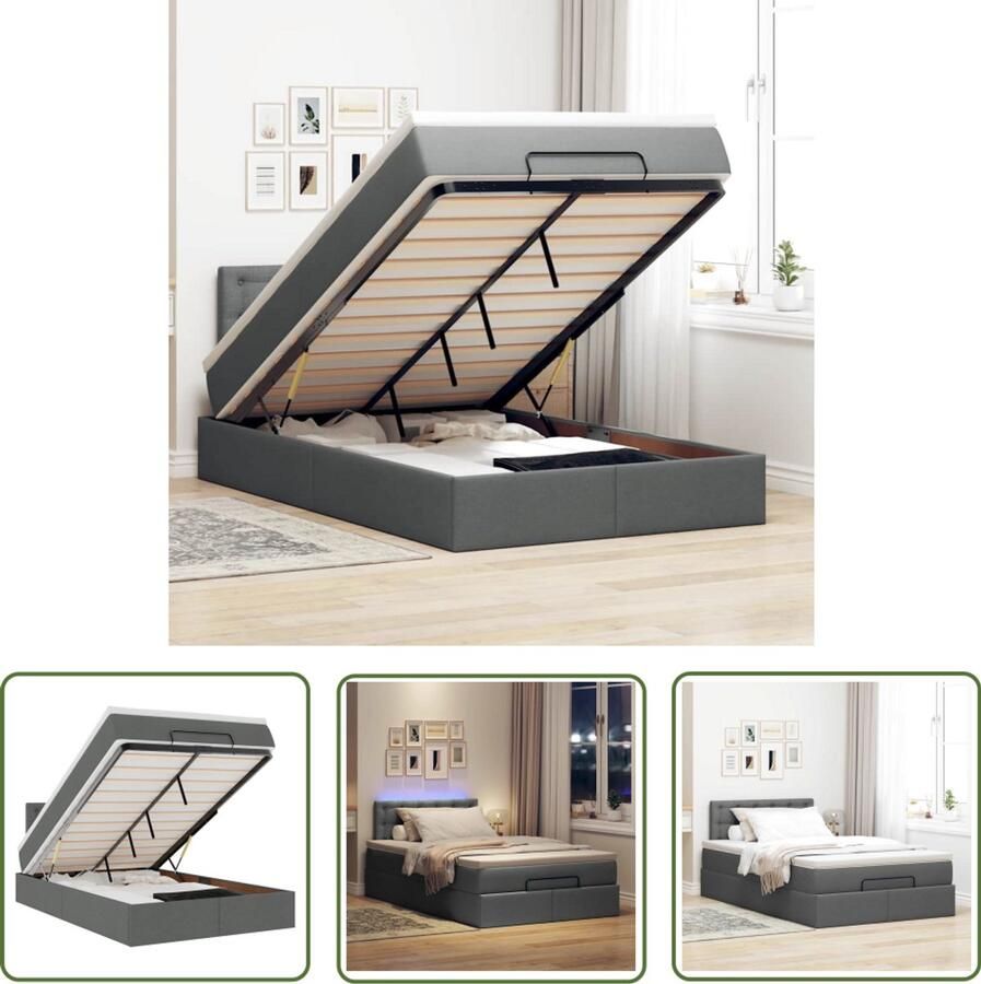 VidaXL Ottoman Bed Bedpoef Bed poef met matras en LED's 120x190 cm stof donkergrijs Slaap Bank Led Lamp Slaapcomfort