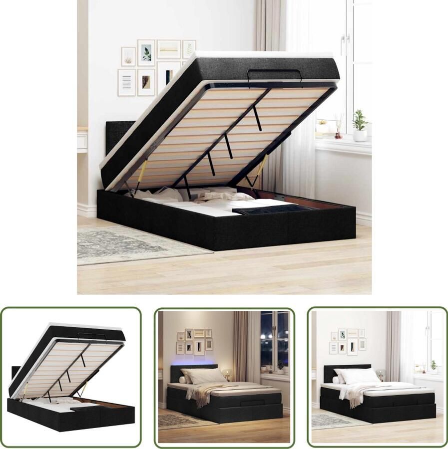 VidaXL Ottoman Bed Bedpoef Bed poef met matras en LED's 120x190 cm stof zwart Slaapbank Boxspring Led Lamp