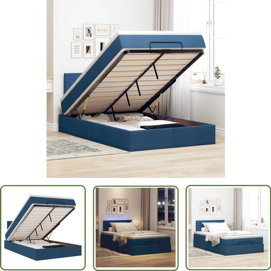 VidaXL Ottoman Bed Bedpoef Bed poef met matras en LED's 120x200 cm stof blauw Slaap Bank Led Lamp Boxspring