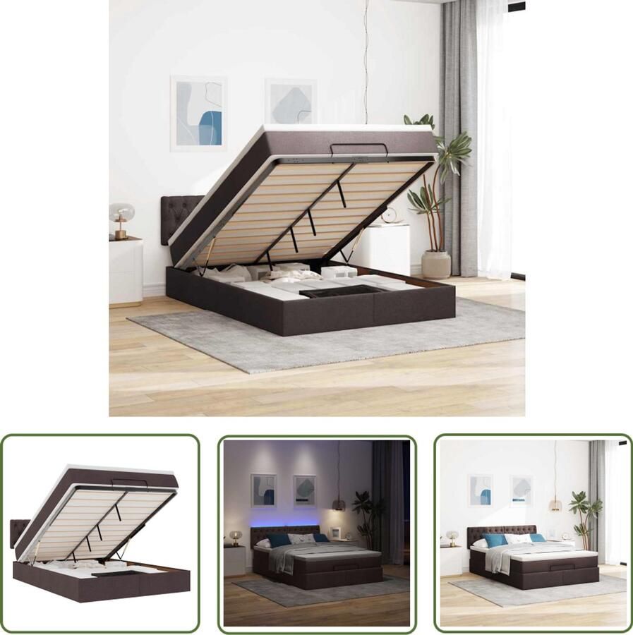 VidaXL Ottoman Bed Bedpoef Bed poef met matras en LED's 140x190 cm stof donkerbruin Slaap Bank Led Lamp Nachtlamp