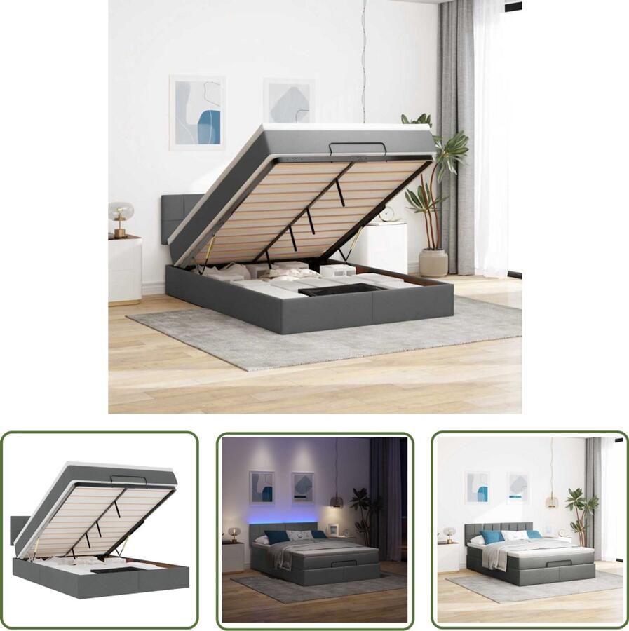 VidaXL Ottoman Bed Bedpoef Bed poef met matras en LED's 140x200 cm stof donkergrijs Led Bed Boxspring Slaap Bank