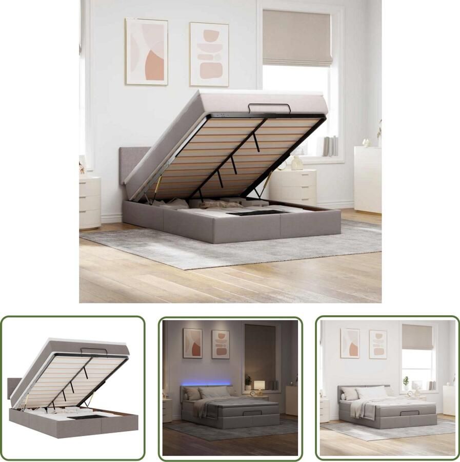 VidaXL Ottoman Bed Bedpoef Bed poef met matras en LED's 140x200 cm stof taupe Boxspring Led Lamp Stapelbaar Bed