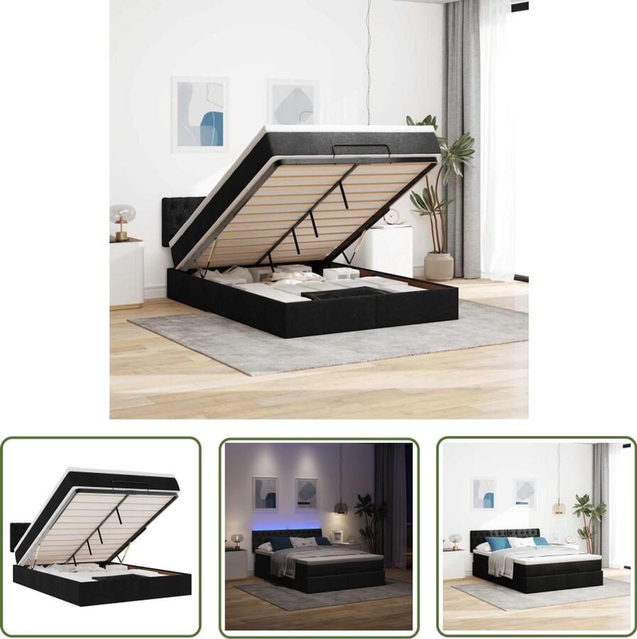 VidaXL Ottoman Bed Bedpoef Bed poef met matras en LED's 140x200 cm stof zwart Boxspring Led Lamp Stapelbaar Bed