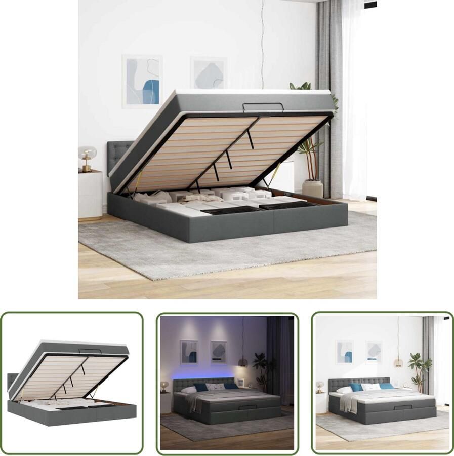 VidaXL Ottoman Bed Bedpoef Bed poef met matras en LED's 180x200 cm stof donkergrijs Slaapbank Boxspring Led Lamp
