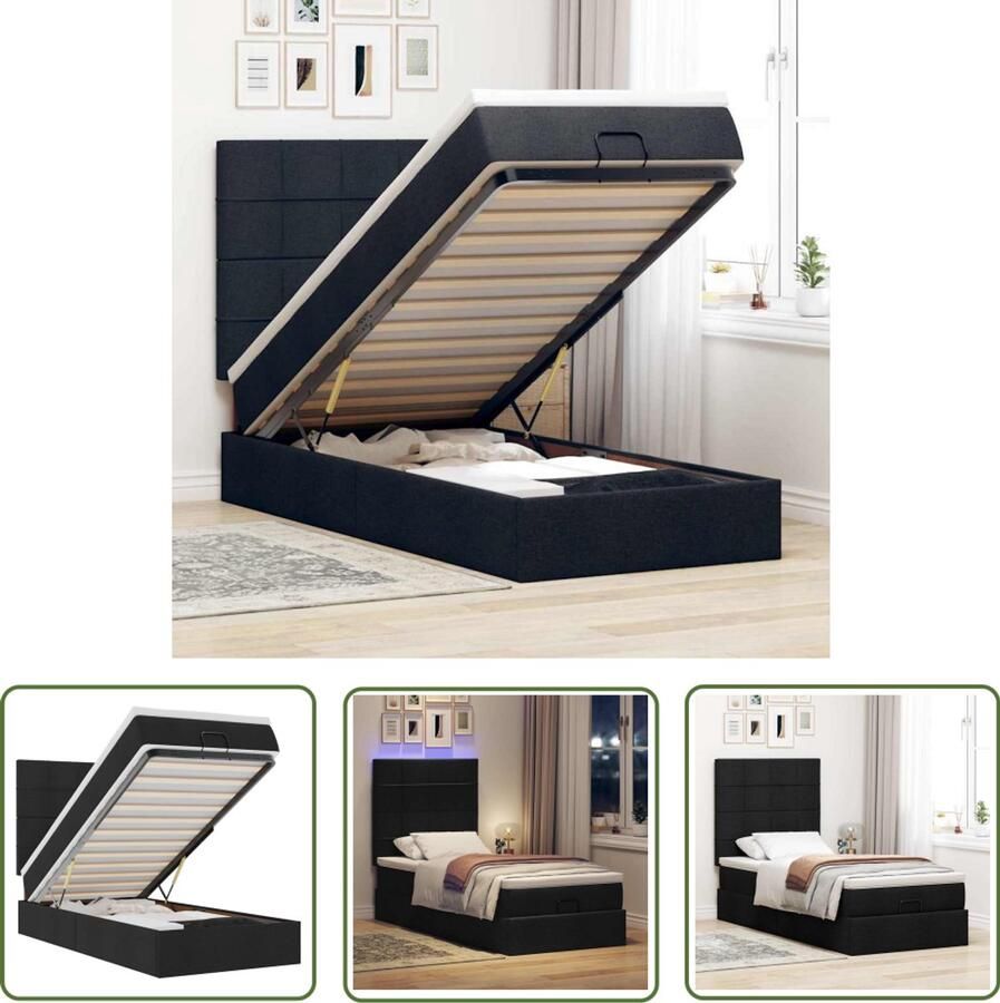 VidaXL Ottoman Bed Bedpoef Bed poef met matras en LED's 80x200 cm stof zwart Boxspring Slaapbank Led Lamp