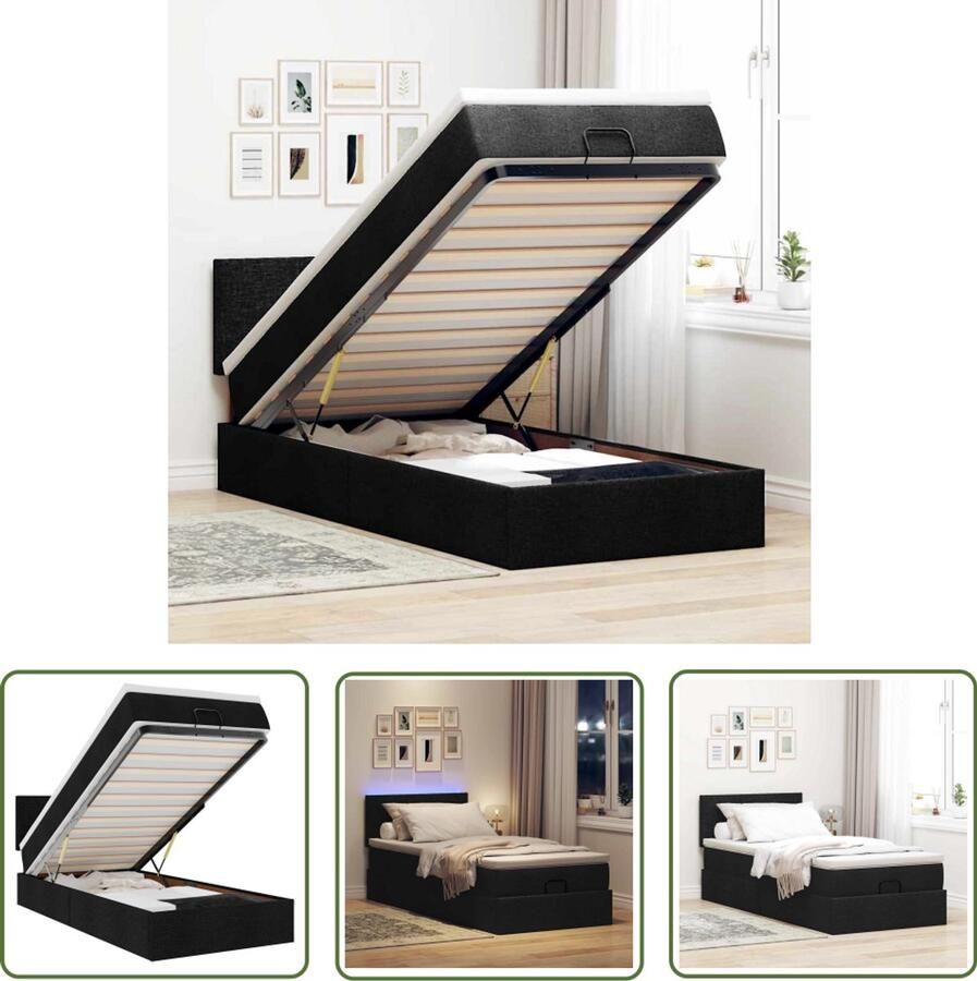 VidaXL Ottoman Bed Bedpoef Bed poef met matras en LED's 80x200 cm stof zwart Boxspring Tweepersoonsbed Stapelbaar Bed