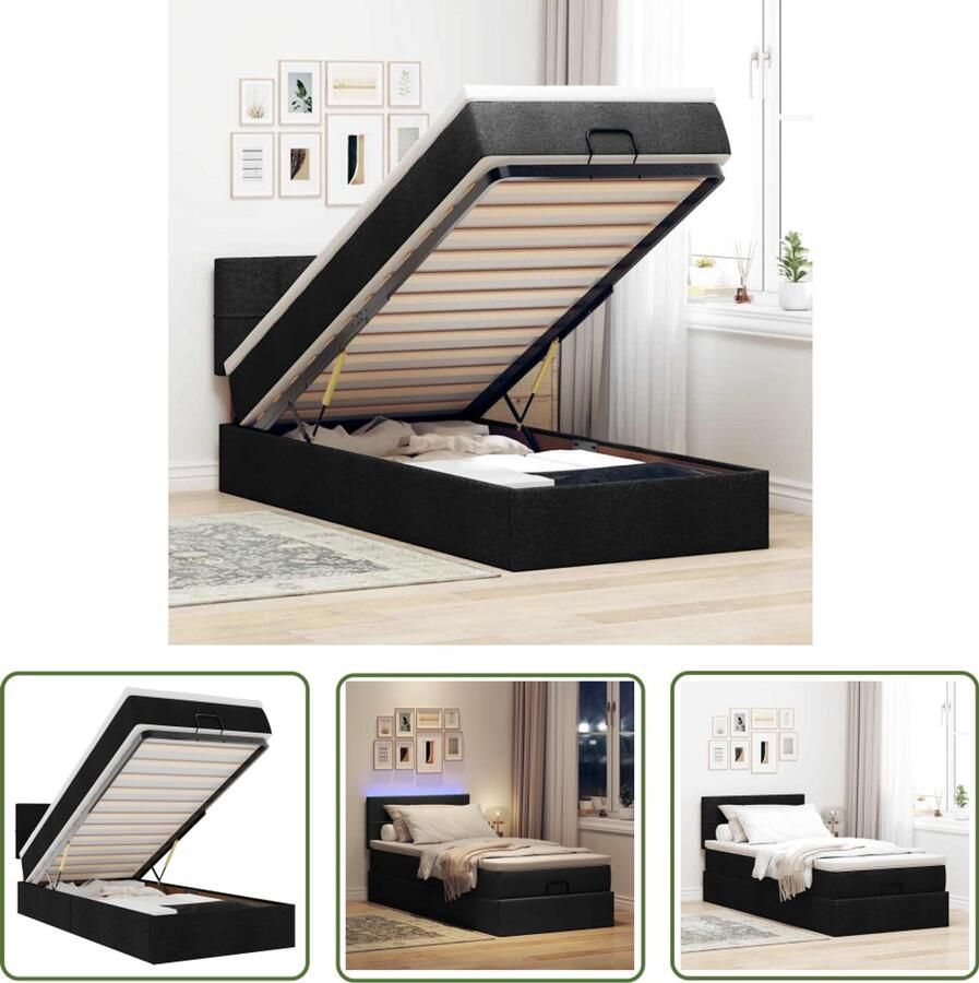 VidaXL Ottoman Bed Bedpoef Bed poef met matras en LED's 80x200 cm stof zwart Slaapbank Boxspring Led Lamp