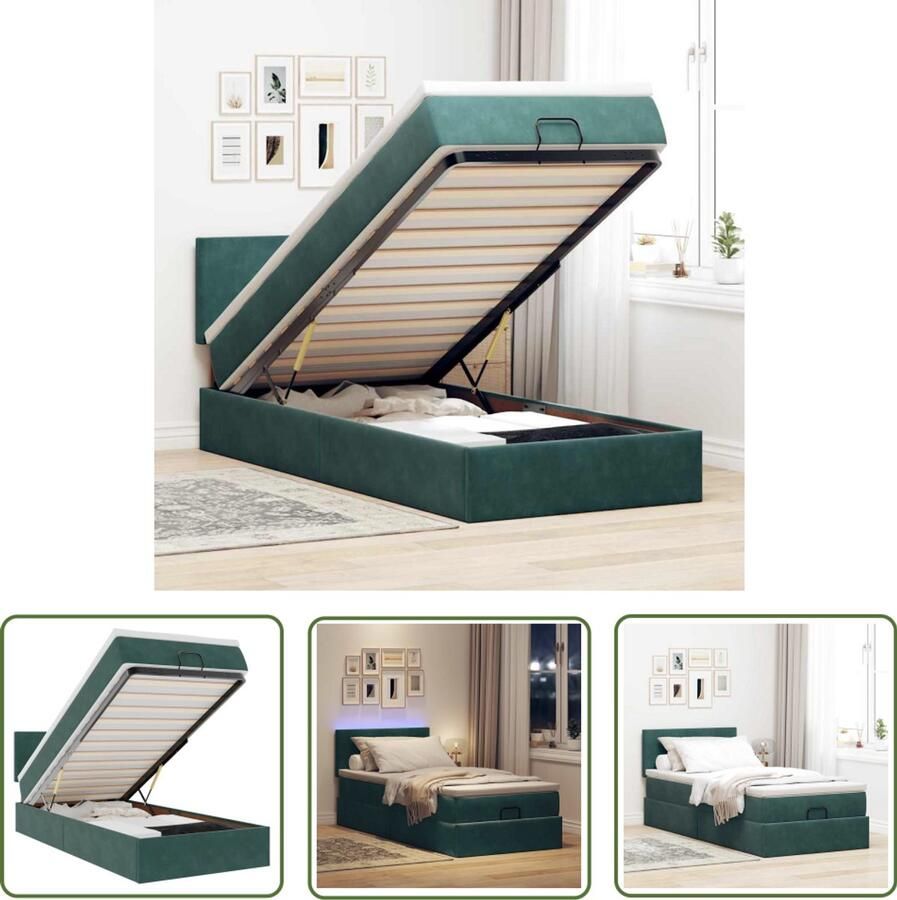 VidaXL Bed poef met matras en LED's 90x200 cm fluweel donkergroen Bedpoef Ottoman Bed Boxspring Tweepersoonsbed Led Lamp