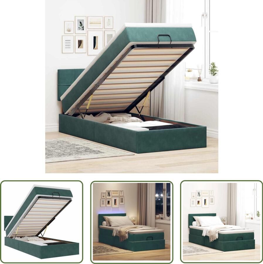 VidaXL Ottoman Bed Bedpoef Bed poef met matras en LED's 90x200 cm fluweel donkergroen Led Lamp Fluweel Bed Boxspring