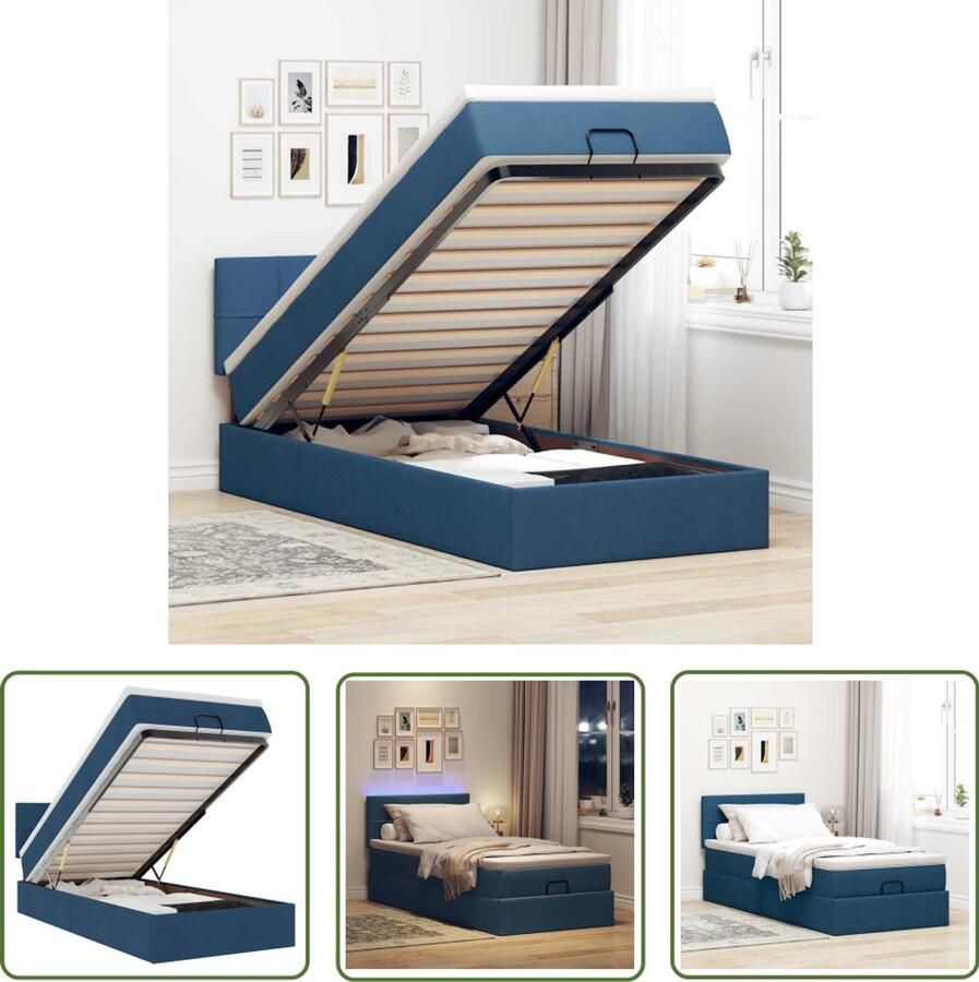 VidaXL Ottoman Bed Bedpoef Bed poef met matras en LED's 90x200 cm stof blauw Slaap Bank Boxspring Led Lamp