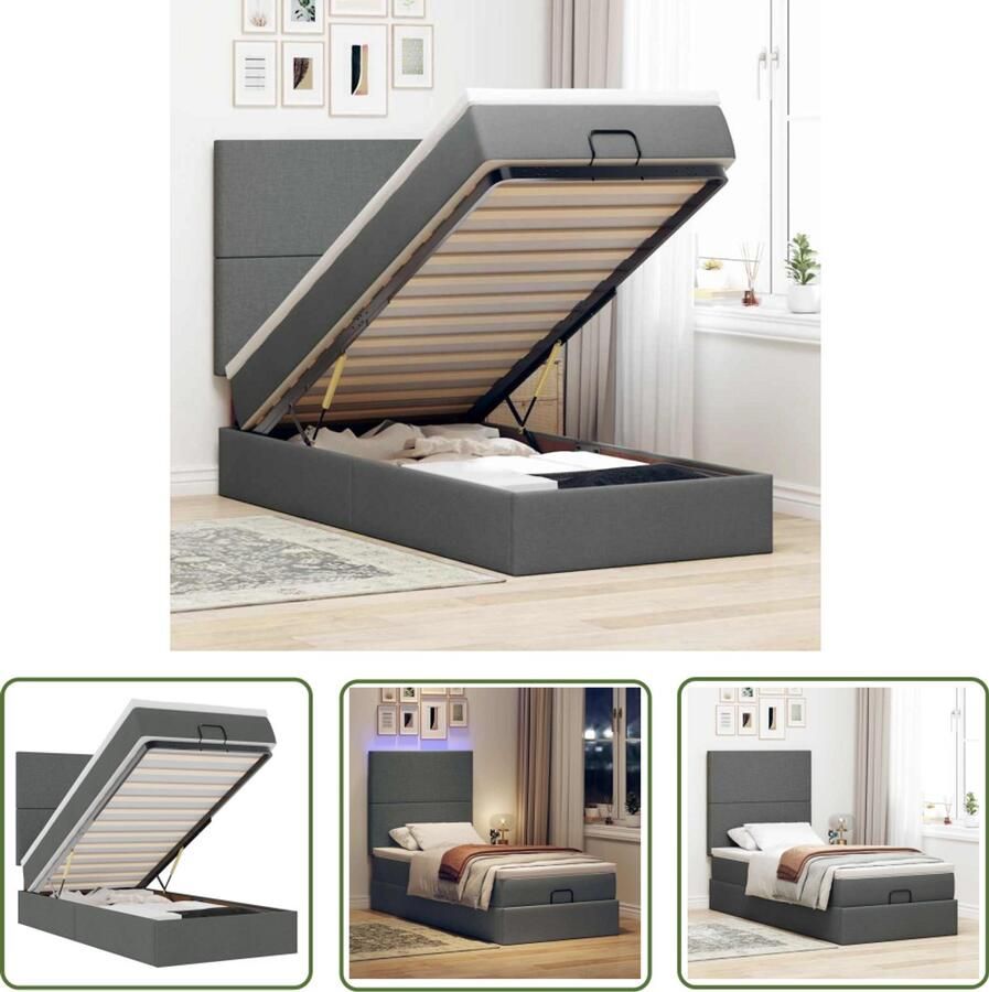 VidaXL Ottoman Bed Bedpoef Bed poef met matras en LED's 90x200 cm stof donkergrijs Boxspring Tweepersoonsbed Led Lamp