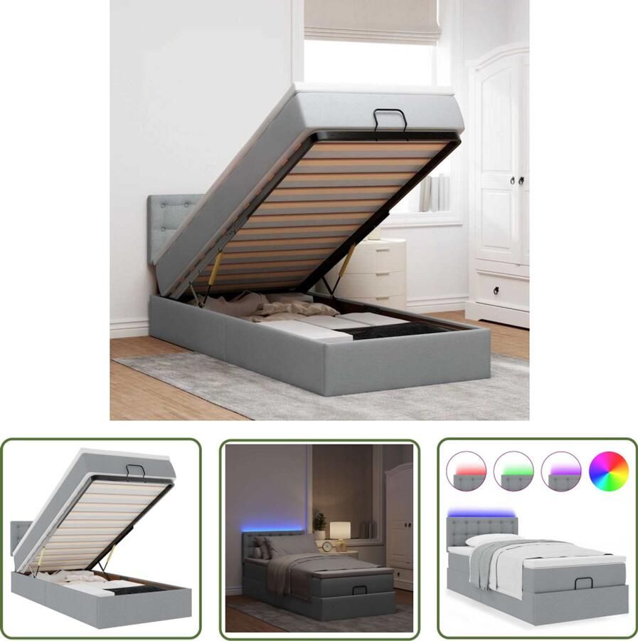 VidaXL Bed poef met matras en LED's 90x200 cm stof lichtgrijs Bedpoef Ottoman Bed Slaap Bank Led Lamp Opbergbox