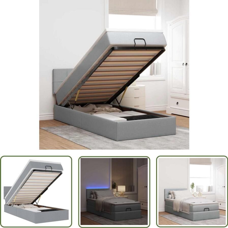 VidaXL Ottoman Bed Bedpoef Bed poef met matras en LED's 90x200 cm stof lichtgrijs Slaapbank Led Lamp Nachtlamp