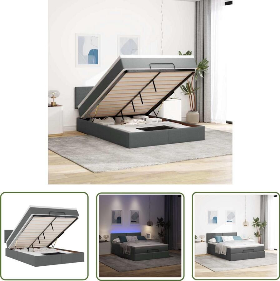 VidaXL Ottoman Bed Bedpoef Bed poef met matras en LED's stof 140x190 cm donkergrijs Led Lamp Boxspring Tweepersoonsbed