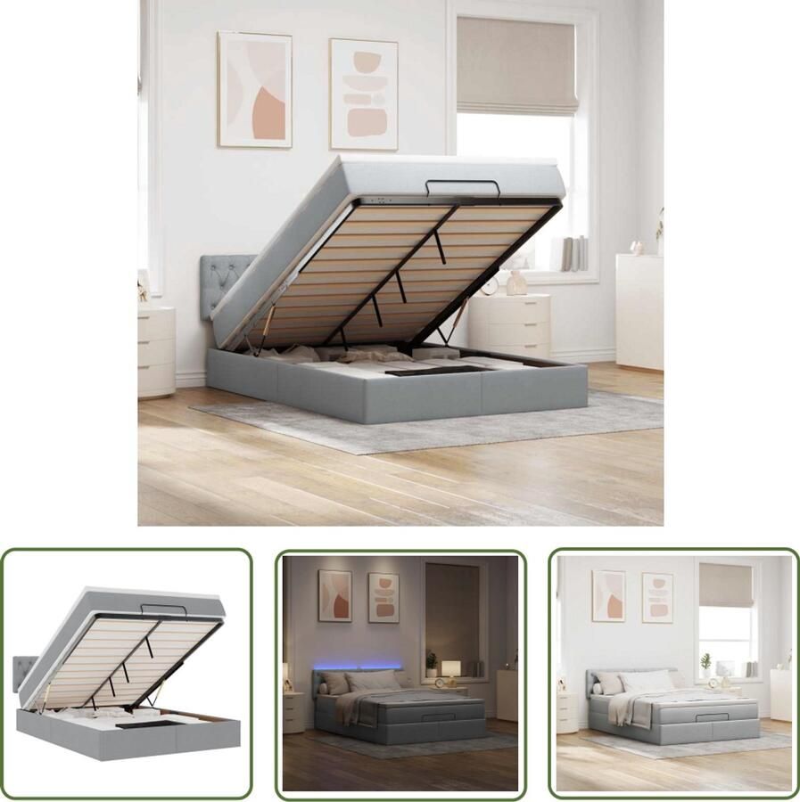 VidaXL Ottoman Bed Bedpoef Bed poef met matras en LED's stof 140x190 cm lichtgrijs Led Bed Slaapbank Boxspring