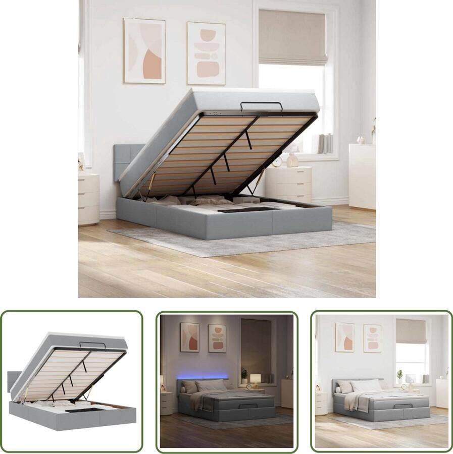 VidaXL Ottoman Bed Bedpoef Bed poef met matras en LED's stof 140x190 cm lichtgrijs Slaapbank Led Verlichting Opbergruimte