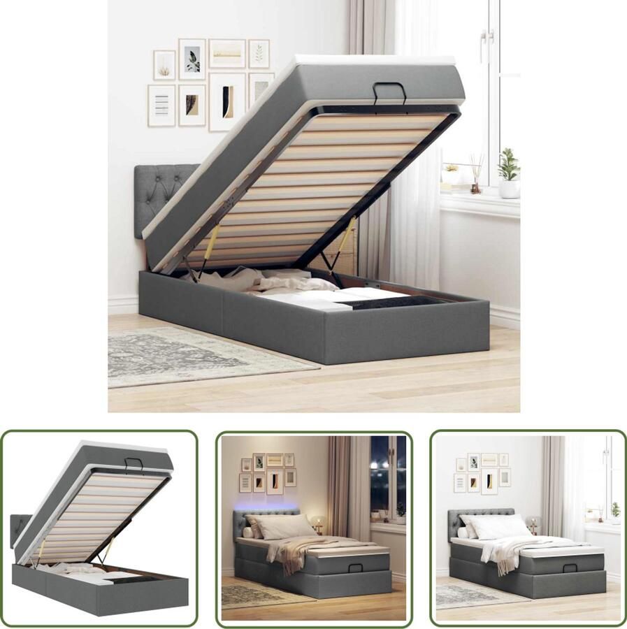 VidaXL Ottoman Bed Bedpoef Bed poef met matras en LED's stof 80x200 cm donkergrijs Slaapbank Boxspring Led Lamp