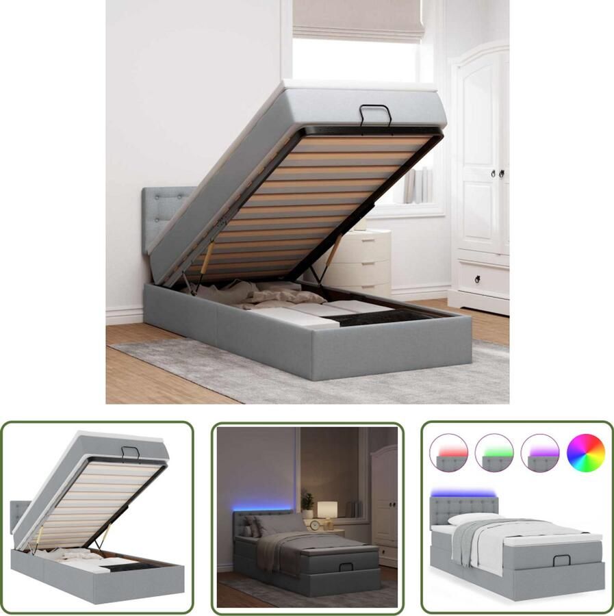 VidaXL Ottoman Bed Bedpoef Bed poef met matras en LED's stof 80x200 cm lichtgrijs Boxspring Led Lamp Stapelbaar Bed