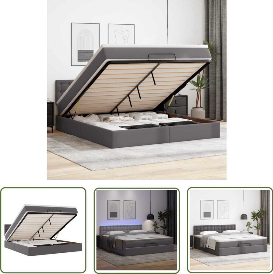 VidaXL Ottoman Bed Bedpoef Bed poef met matrassen en LED's 180x200cm kunstleer grijs Led Lampen Slaapbank Boxspring