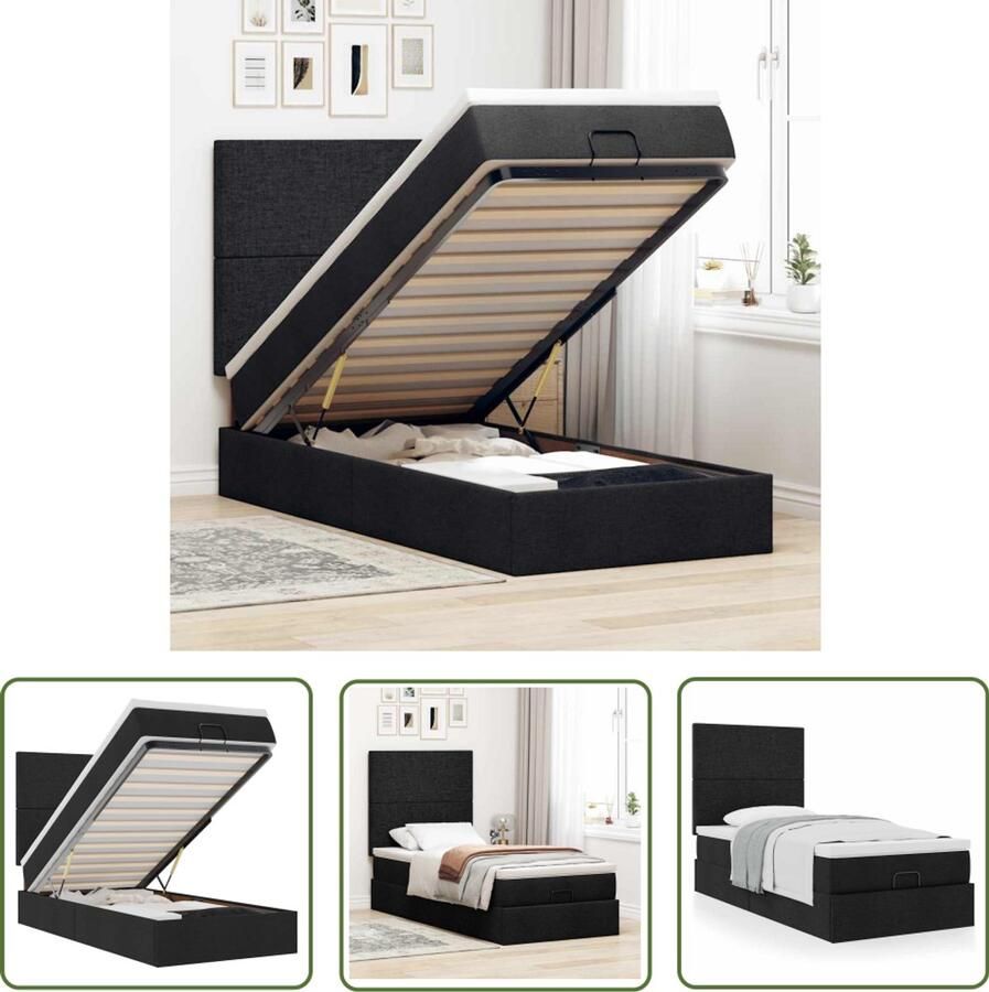 VidaXL Bed met matras 90x200 cm stof zwart Bed Frame Ottoman Bed Boxspring Tweepersoonsbed Stapelbaar Bed
